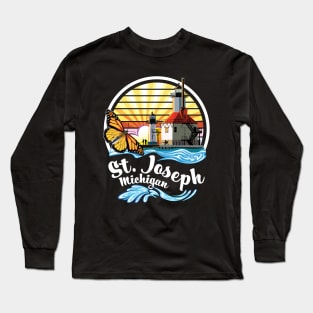 St. Joseph Michigan Lighthouses and Monarch Butterfly Long Sleeve T-Shirt